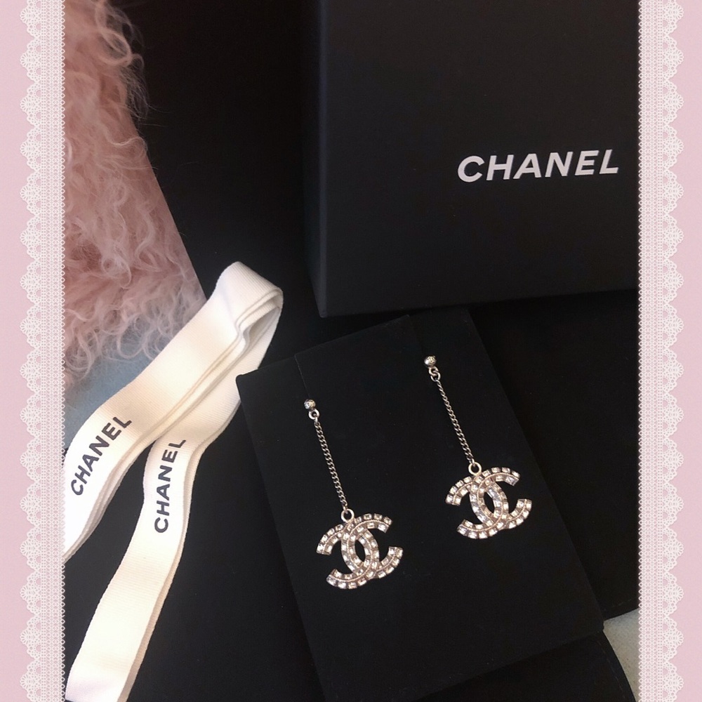 Chanel Silver CC Crystal Dangle Earrings